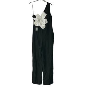 Zac Posen Jumpsuit Womens 14 Black White Floral Motif One Shoulder Wide Leg NWT
